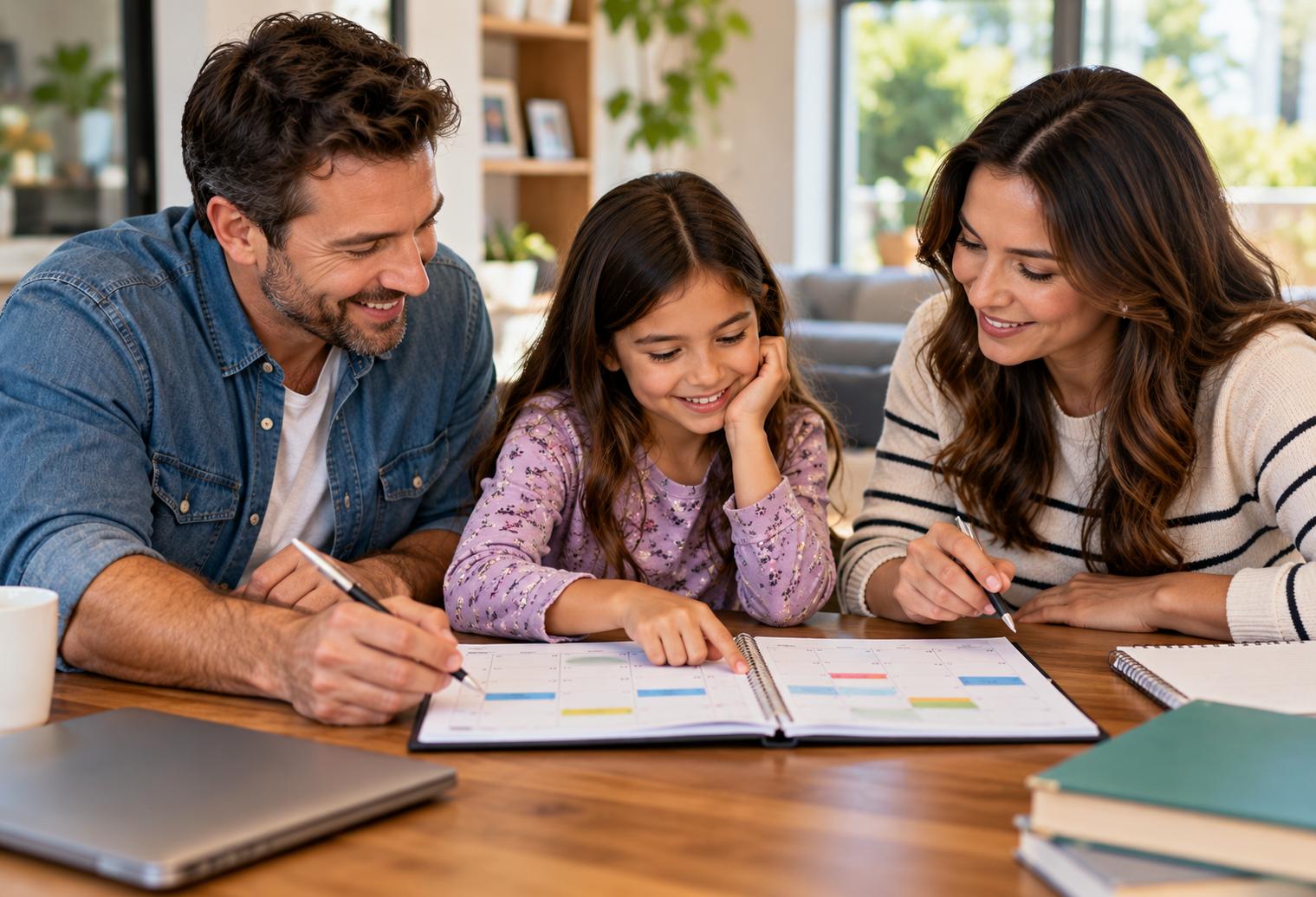 Parents and their daughter work together on a parenting time schedule using a calendar at a kitchen table.
